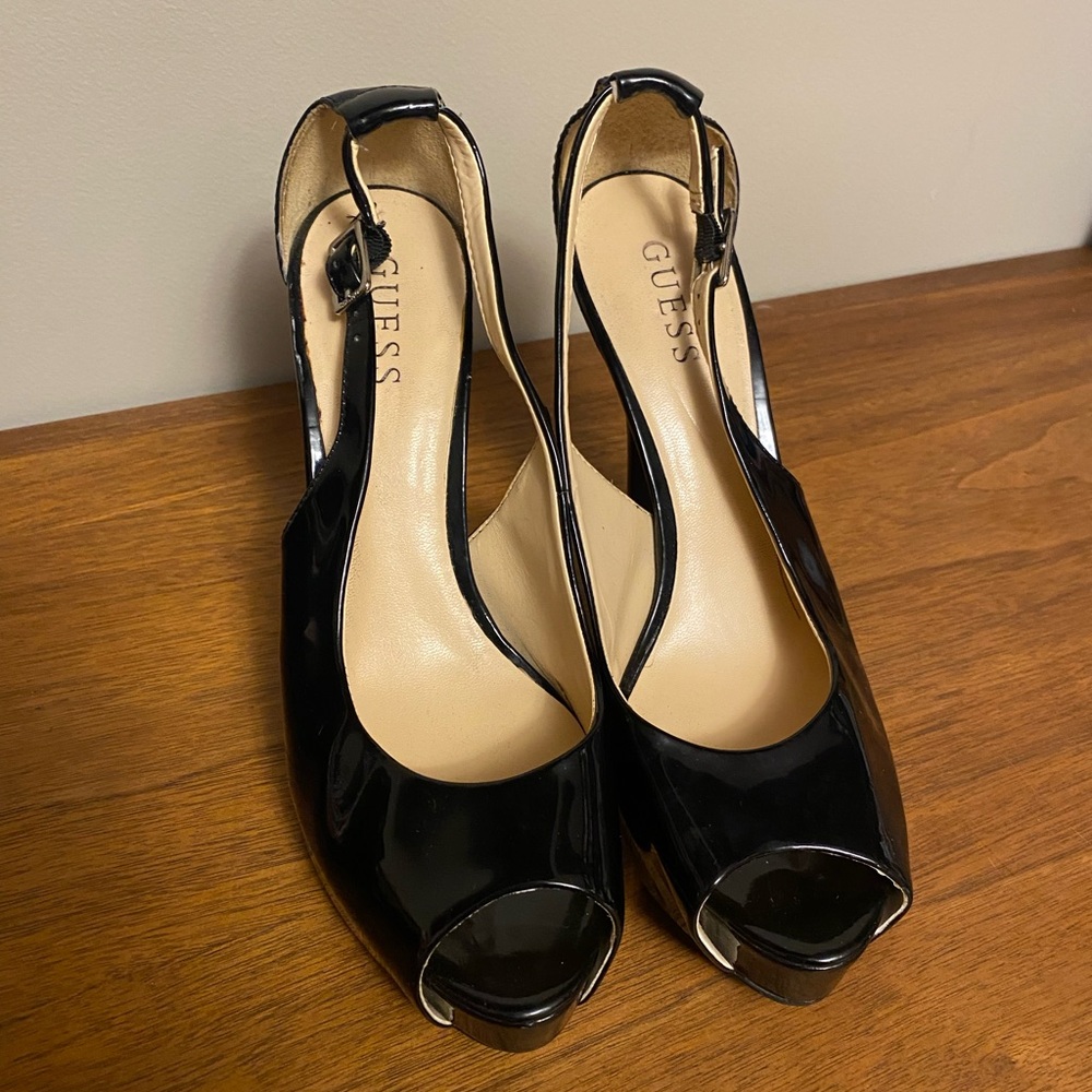 GUESS Black Patent Peep-Toe Slingback Heels